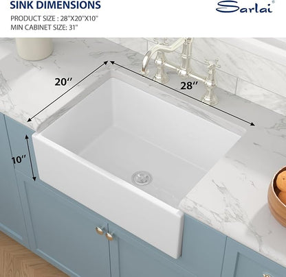 Sarlai 28 White Farmhouse Sink - 28x20 Inch Kitchen Sink Apron Front Ceramic Porcelain Vitreous Fireclay Single Bowl Farmer Sinks Basin