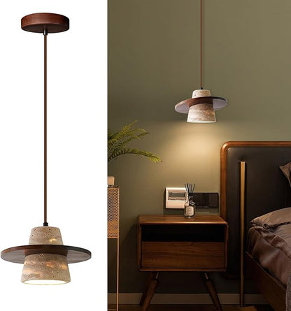 Japanese Wabi sabi Pendant Light with Natural Stone Shade, Dimmable Modern Wood Hanging Lamp Fixture, Adjustable Height Pendant Lamp for Bedroom, Kitchen Island, Dining Room, Restaurant, Cafe, Bar (J)