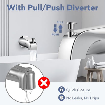 Universal Bathtub Tub Spout with Diverter, Fits 1/2" Slip-Fit Copper Pipe and 1/2" IPS & 3/4" IPS Thread Connections, Bathroom Tub Faucet Replacement with Adapters, PTFE Tape and Hex Wrench (Chrome)