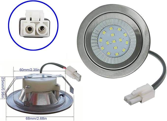 2-Pack 1.5W DC 12V LED Cooker Range Hood Bulb Light 60mm/2.35in Hole Kitchen Closet Undercabinet Light Recessed Downlight Stainless Steel Clear Glass (White 6000K)