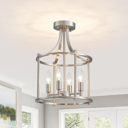 XINGQI Brushed Nickel Semi Flush Mount Ceiling Light Fixture Modern 4 Light Round Small Mini Chandelier Cage Ceiling Lights for Entryway Foyer Hallway 12" Geometric Dining Room Chandelier