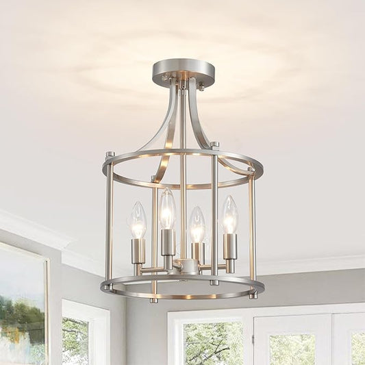 XINGQI Brushed Nickel Semi Flush Mount Ceiling Light Fixture Modern 4 Light Round Small Mini Chandelier Cage Ceiling Lights for Entryway Foyer Hallway 12" Geometric Dining Room Chandelier