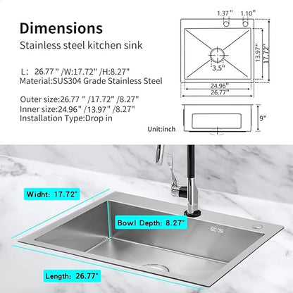 27 inch Kitchen Sink Drop in Stainless Steel Top Mount Sink with Brushed Finish, Single Bowl Workstation Sink with Basket Strainer and Kitchen Sink Caddy Organizer 26.8"D x 17.7"W x 8.3"H