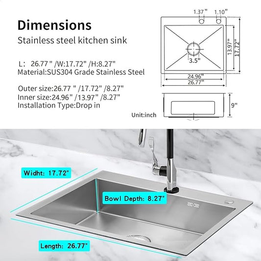 27 inch Kitchen Sink Drop in Stainless Steel Top Mount Sink with Brushed Finish, Single Bowl Workstation Sink with Basket Strainer and Kitchen Sink Caddy Organizer 26.8"D x 17.7"W x 8.3"H