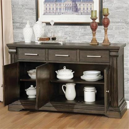 BOWERY HILL Transitional Solid Wood Buffet Server, Espresso Finish, 60" W x 18" D x 36" H, 3-Drawer Storage with Shelves and Cabinet, Fluted Column Accents, Metallic Hardware, Dining Room Sideboard
