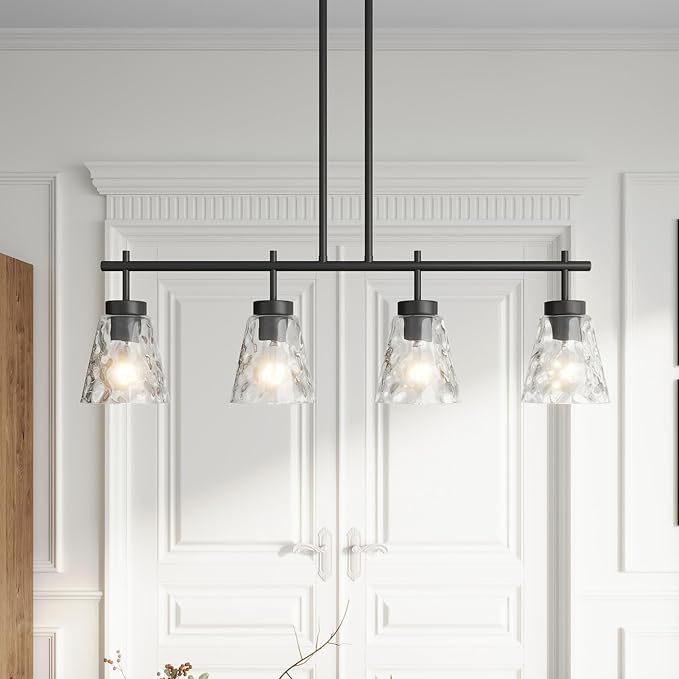 4-Light Kitchen Island Lighting, Modern 30.9 inch Black Island Chandelier with Glass Shade, Industrial Linear Pendant Lighting Over Table, Pendant Light Fixture for Dining Room