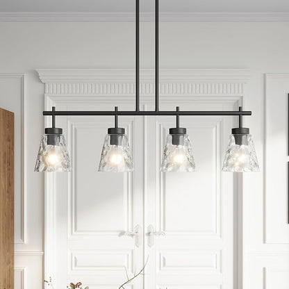 4-Light Kitchen Island Lighting, Modern 30.9 inch Black Island Chandelier with Glass Shade, Industrial Linear Pendant Lighting Over Table, Pendant Light Fixture for Dining Room