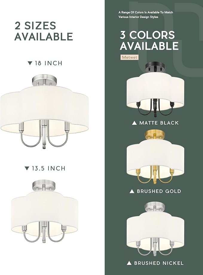 4-Light Semi Flush Mount Ceiling Light, 18" Vintage Light Fixtures Ceiling Mount with Fabric Shade in Quatrefoil for Kitchen Entryway Hallway Bedroom, Brushed Nickel, SM179-BN-L