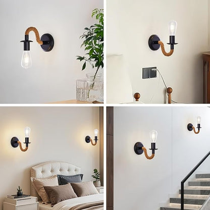 KUAUGST Black Rustic Wall Sconces, Retro Industrial Wall Lamps, Hemp Rope Wall Lamp, E26 Lamp Holder, Suitable for Bedroom Living Room Corridor Kitchen (Bulb not Included)