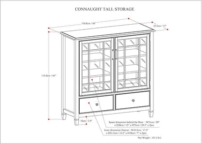 SIMPLIHOME Connaught Storage Cabinet - 46 inch Wide Solid Wood Tall Cabinet in Antique White, Traditional Console for Living Room or Dining Room with Glass Doors, Adjustable Shelves, and Drawers