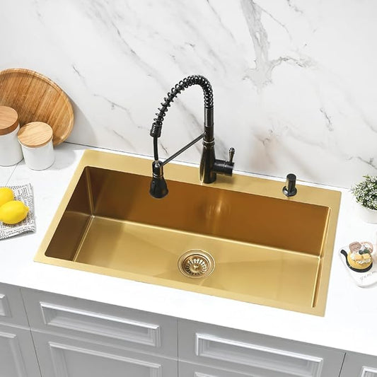 Gold 33x19 Drop In Kitchen Sink-Jshozzy Drop In Sink Kitchen Top Mount 16 Gauge Stainless Steel Sink Single Bowl
