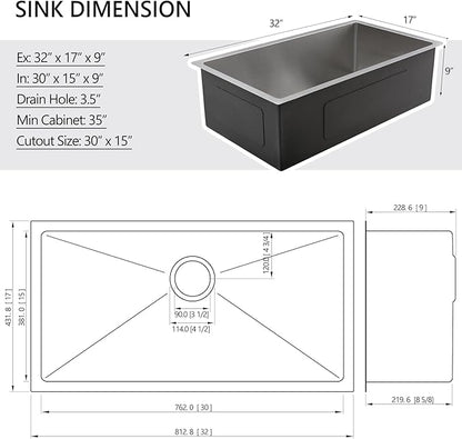 32 Stainless Steel Kitchen Sink Undermount, Dorzom 32" x 17" x 9" Stainless Steel Single Bowl 18 Gauge Under Mount Kitchen Sink