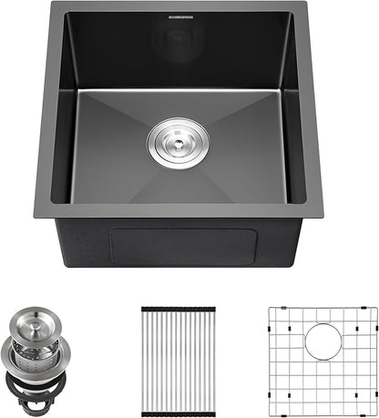 Black Kitchen Bar Sink Undermount, SINKVINE 18 Inch PVD Nano Stainless Steel Outdoor and Indoor Sink for Laundry RV, Deep Single Bowl with Drain Strainer, Bottom Rise Grid, Roll-up Drying Unit, 18x18