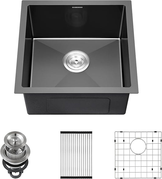 Black Kitchen Bar Sink Undermount, SINKVINE 18 Inch PVD Nano Stainless Steel Outdoor and Indoor Sink for Laundry RV, Deep Single Bowl with Drain Strainer, Bottom Rise Grid, Roll-up Drying Unit, 18x18