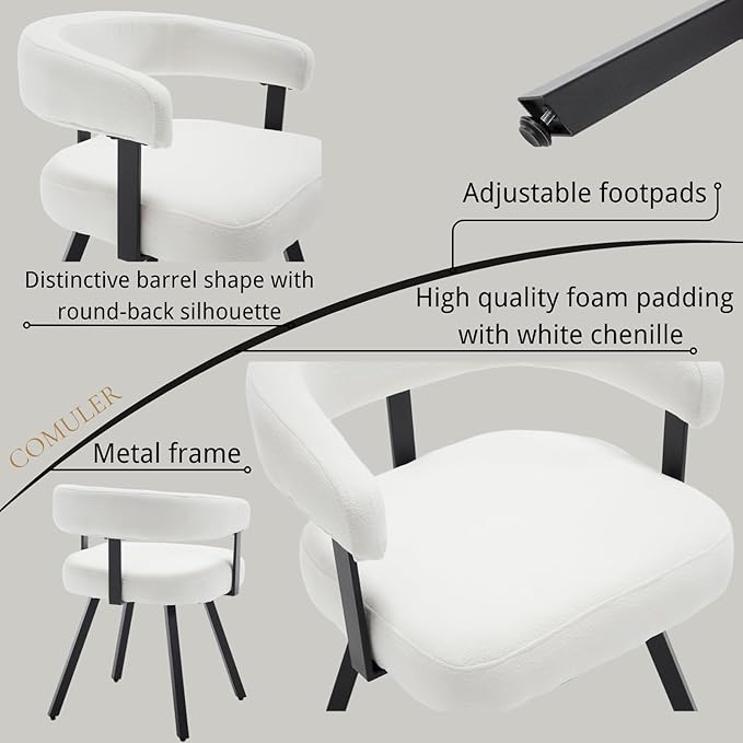 Modern Barrel Dining Chairs Set of 2, White Chenille Upholstered Dining Room Chairs with Arms, Comfy Kitchen Chairs with Black Metal Legs for Dinner Living Room