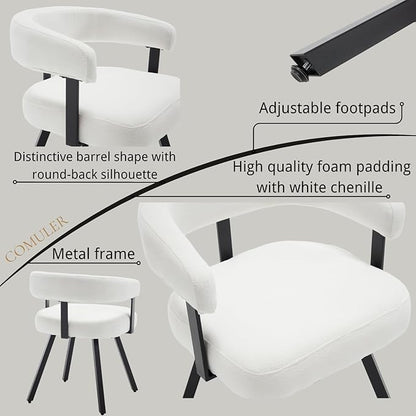 Modern Barrel Dining Chairs Set of 2, White Chenille Upholstered Dining Room Chairs with Arms, Comfy Kitchen Chairs with Black Metal Legs for Dinner Living Room