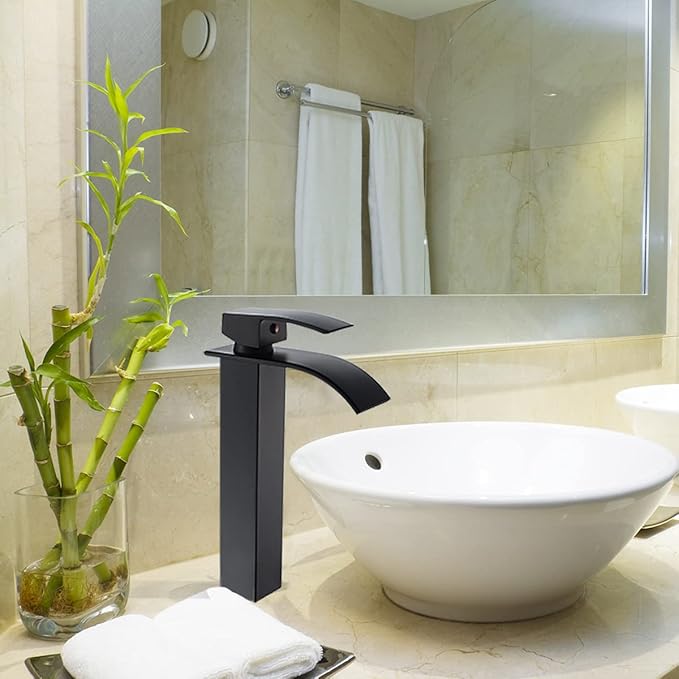 VOTON Vessel Sink Faucet Matte Black Modern Tall Waterfall Bathroom Sink Faucet with Pop-Up Drain Single Handle Bathroom Faucet 1 Hole Bowl Lavatory Vanity Faucet, Rv Sink Camper Farmhouse Faucet