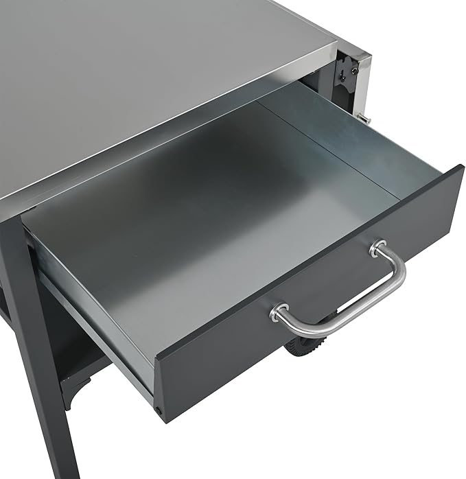 JIJIWANG 54.7" Outdoor Kitchen Island with Stainless Steel Top and Foldable Table, Kitchen Island with Drawer and Shelf, BBQ Cart with Wheels for Backyard Patio Gray