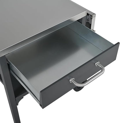 JIJIWANG 54.7" Outdoor Kitchen Island with Stainless Steel Top and Foldable Table, Kitchen Island with Drawer and Shelf, BBQ Cart with Wheels for Backyard Patio Gray