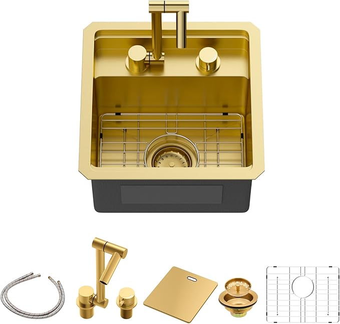Sarlai Outdoor Sink, 15x15 Inch Gold Undermount Kitchen Sink Workstation with Foldable Faucet Bar Prep Single Bowl Gold Kitchen Sinks16 Gauge Stainless Steel BBQ Sinks with Cover 15"x15"x9"