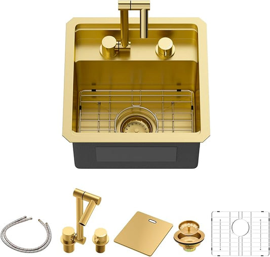 Sarlai Outdoor Sink, 15x15 Inch Gold Undermount Kitchen Sink Workstation with Foldable Faucet Bar Prep Single Bowl Gold Kitchen Sinks16 Gauge Stainless Steel BBQ Sinks with Cover 15"x15"x9"