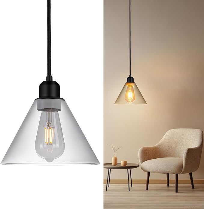 Modern Pendant Lights, 8.35" Smoked Grey Glass Hanging Lamp with Matte Black Finish, Adjustable 48" Cord Pendant Light Fixtures for Kitchen Island Sink Bar Dining Room Farmhouse, E26 Base