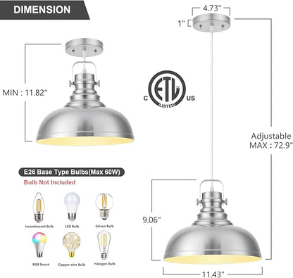 Refice Brushed Nikcel Farmhouse Pendant Lights Industrial Pendant Lighting for Kitchen Island Adjustable Height Dome Hanging Lights for Barn, Dining Room 3 Packs