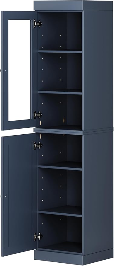 Palace Imports Solid Wood Kitchen Pantry - Narrow Storage Cabinet - 16.5" Wide x 71.5" Tall - 1 Raised Panel & 1 Glass Door, Antique Blue, Adjustable Shelves, 100% Eco-Friendly Wood, Modular Cabinets