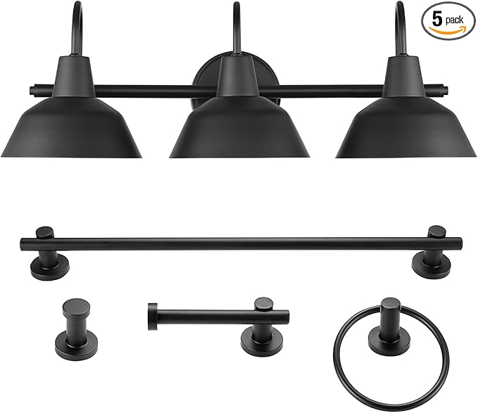 Globe Electric 51710 5-Piece Bathroom Accessory Set with 24-inch 3-Light Vanity Fixture, Matte Black Finish, Industrial Design, E26 Base, Towel Bar, Towel Ring, Robe Hook, Toilet Paper Holder