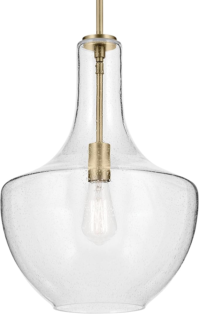 Everly 19.75" 1-Light Bell Pendant with Clear Seeded Glass in Brushed Nickel, for Kitchen Island, Dining Nook, Bedroom, (19.75" x 13.75") 42046NBRCS