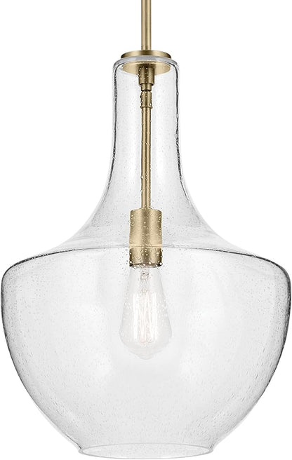 Everly 19.75" 1-Light Bell Pendant with Clear Seeded Glass in Brushed Nickel, for Kitchen Island, Dining Nook, Bedroom, (19.75" x 13.75") 42046NBRCS