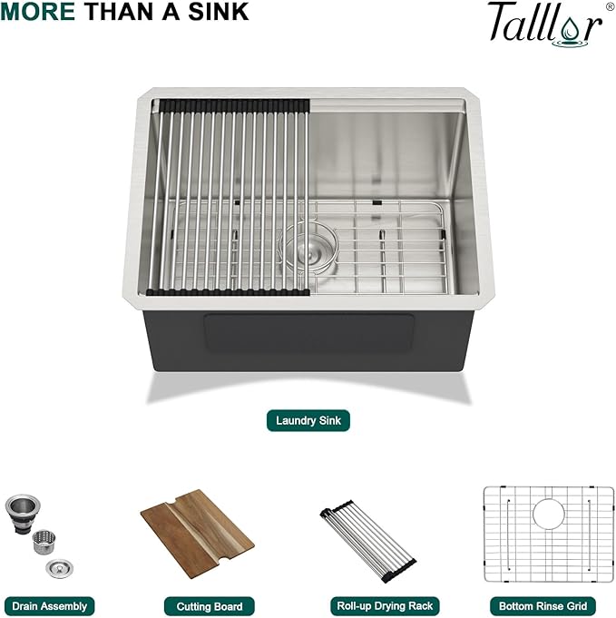 24 Inch Undermount Laundry Sink, 12" Deep 16 Gauge 304 Stainless Steel Utility Single Bowl Kitchen Sink with Workstation Design for Laundry, Kitchen, Garage, and Outdoor #TLU-0023