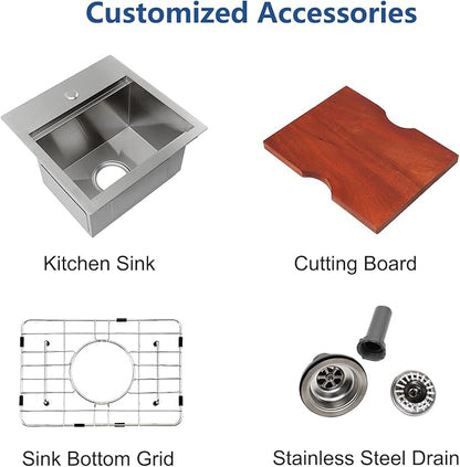 Bar Sink, 15 x 15 Inch Stainless Steel Single Bowl Topmount Small Outdoor RV Handmade Sink with Bottom Rack and Cutting Board