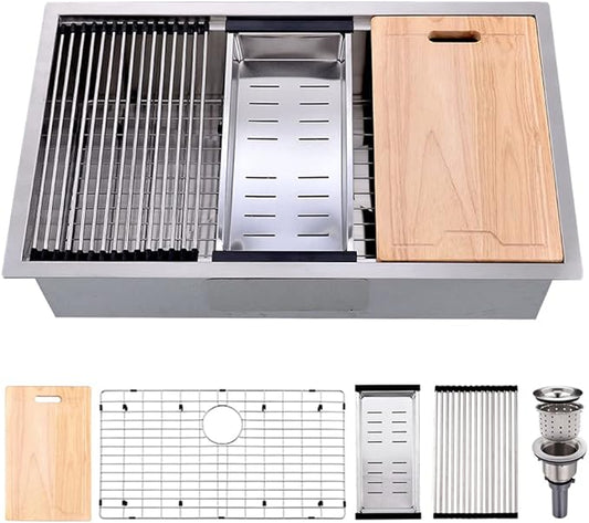 32-inch Undermount Workstation Kitchen Sink Single Bowl 16 Gauge Stainless Steel Kitchen Sink Handmade R10 Deep Basin