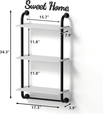 Tinpin Wall Shelves 3-Tier, Bathroom Shelves Over Toilet, Rustic Industrial Pipe Shelf, Farmhouse Bathroom Decor, Floating Shelf Wall Decor for Bedroom, Living Room 17.3 inch, White