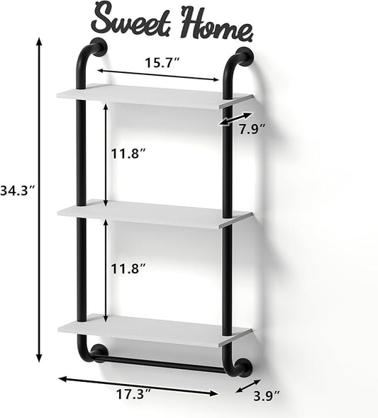 Tinpin Wall Shelves 3-Tier, Bathroom Shelves Over Toilet, Rustic Industrial Pipe Shelf, Farmhouse Bathroom Decor, Floating Shelf Wall Decor for Bedroom, Living Room 17.3 inch, White