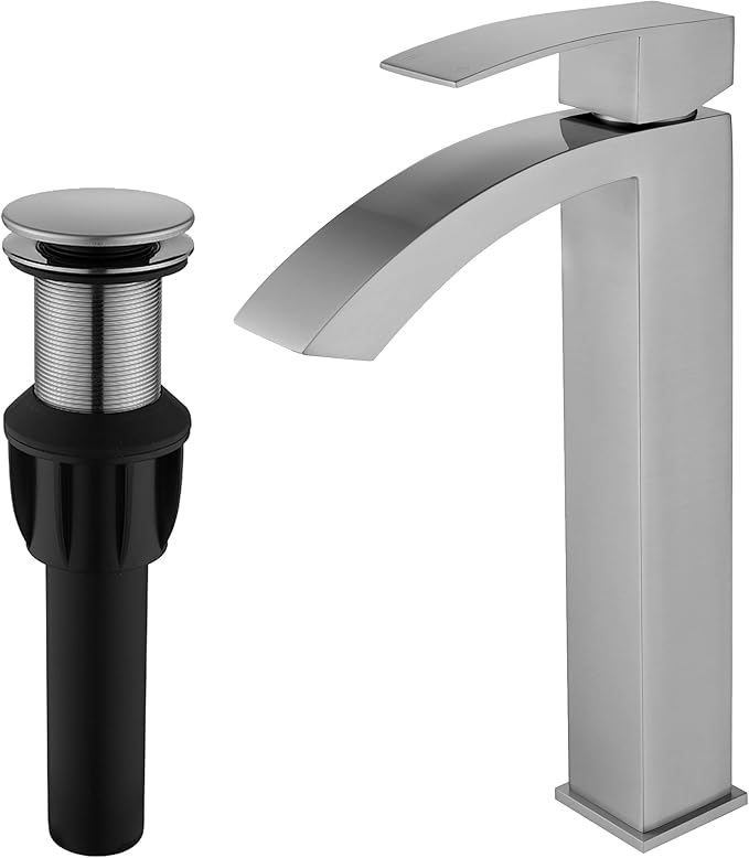 Vessel Sink Faucet Brushed Nickel, Single Handle Waterfall Tall Bathroom Sink Faucet Single Hole with cUPC Supply Hose and Pop Up Drain JU-BS101-BN