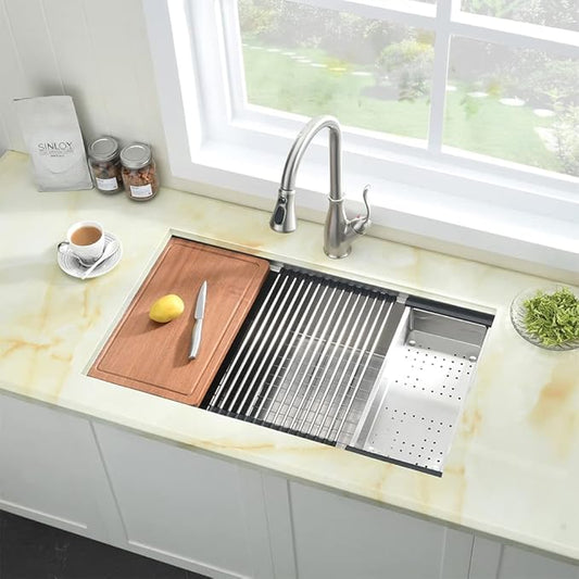 33 Inch Undermount Workstation Kitchen Sink, 33x19 Single Bowl Sink For Kitchen 16 Gauge Stainless Steel Sink Undermount with Offset Drain
