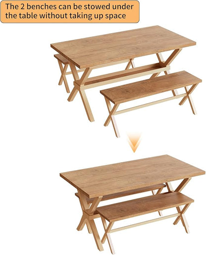 HIPIHOM 63" Dining Table Set with 2 Dining Benches for 4, Scratch Resistance MDF Kitchen Table with Sturdy Metal Legs, Small Dining Table Sets for 4 for Family Gatherings