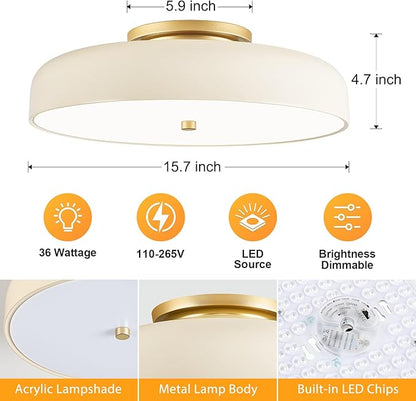 Dimmable LED Ceiling Light Fixture, 2700K-6000K 5CCT Modern Mid-Century Semi Flush Mount Ceiling Light, Cream White Close to Ceiling Lamp for Bedroom, Living Room, Kitchen, 15.7in