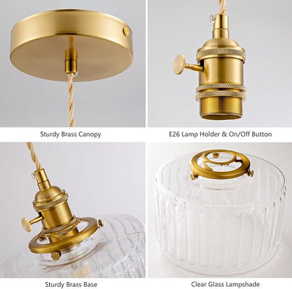 Glass Pendant Light, Vintage Brass Pendant Lighting Fixture Farmhouse Rustic Industrial Gold Hanging Lamp for Kitchen Island Dining Room Bedroom