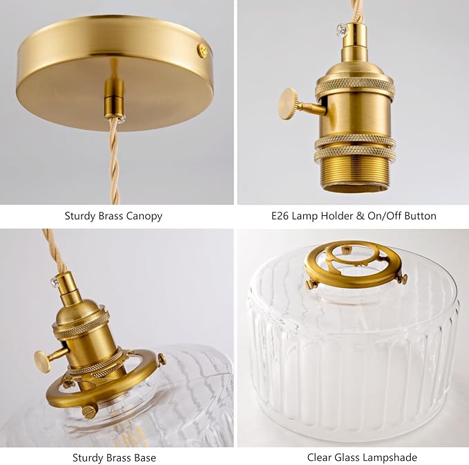Glass Pendant Light 2 Pack Vintage Brass Hanging Lamp Farmhouse Rustic Industrial Gold Pendant Lighting Fixtures for Kitchen Island Dining Room Hallway