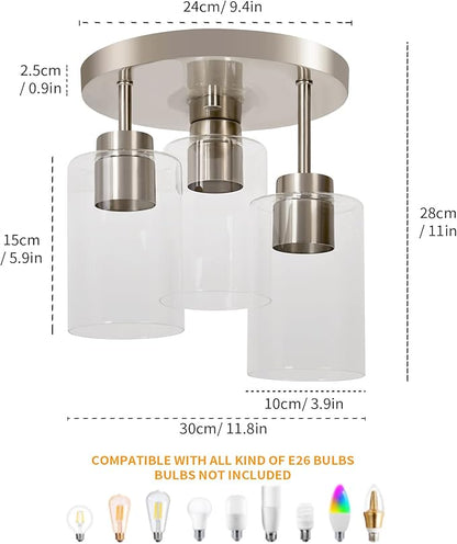 Semi Flush Mount Ceiling Light 3-Light Brushed Nickel Flush Mount Ceiling Light Fixtures with Clear Glass Shade, Modern Kitchen Ceiling Light for Bedroom Stairs Porch Hallway Entryway