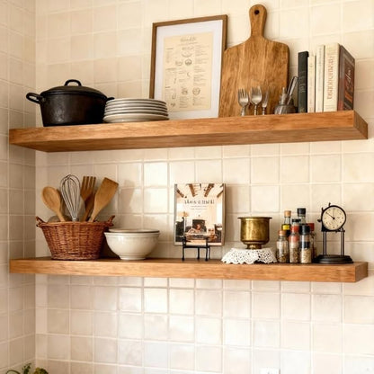 ROGMARS 36 Inches Long Walnut Floating Shelves,Rustic Solid Wood Farmhouse Wall Shelves with Invisible Brackets for Bathroom, Living Room, Bedroom, Kitchen Set of 2