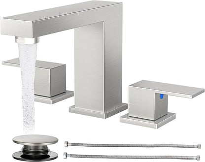 Cobbe Bathroom Faucets for Sink 3 Hole, Brushed Nickel Bathroom Sink Faucet Square 8 inch Widespread with Pop-Up Drain, 2 Handle and 2 Supply Hoses, Lead-Free Stainless Steel for Vanity Rv, Farmhouse