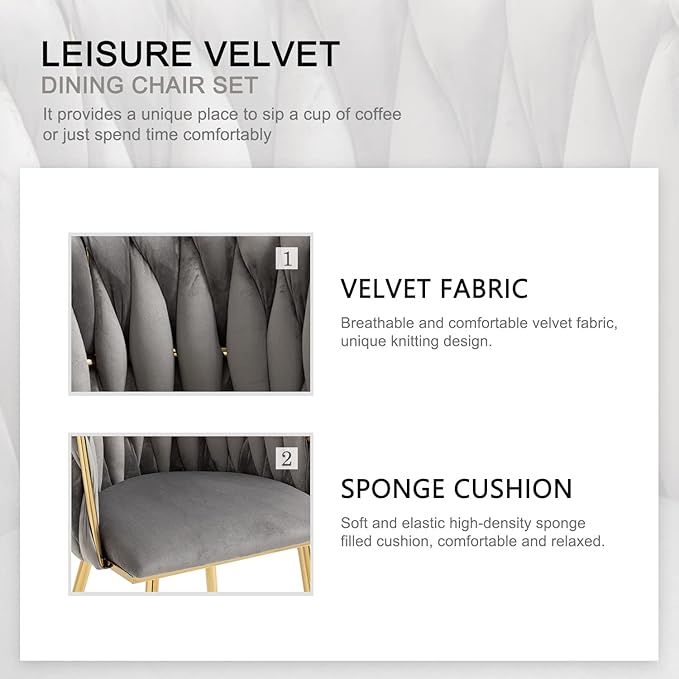 Nrizc Velvet Dining Chairs Set of 4, Woven Upholstered Dining Chairs with Gold Metal Legs, Modern Accent Chairs for Living Room, Dining Room, Kitchen (Grey)