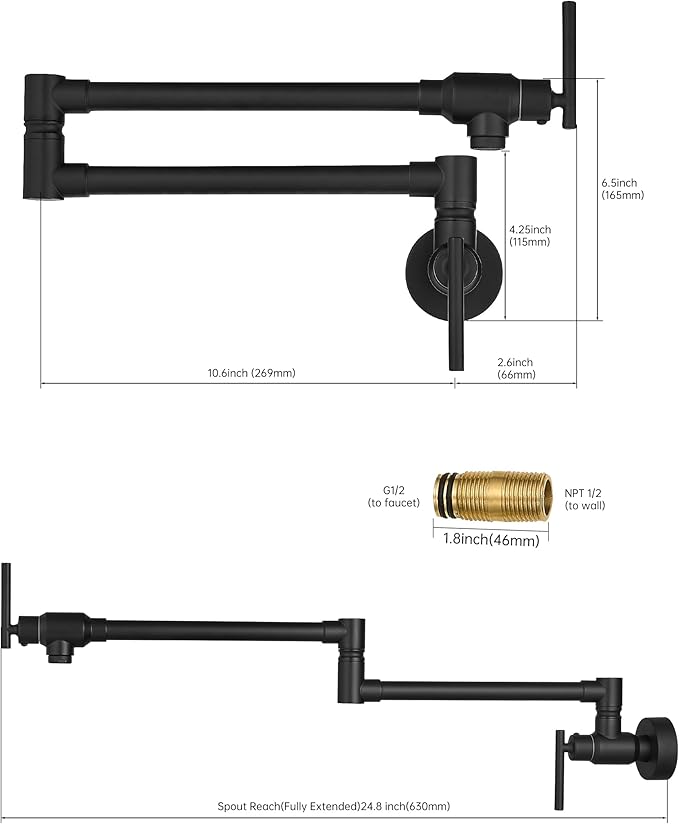 Fransiton Pot Filler, Matte Black Pot Filler Faucet Wall Mount, Brass Folding Stretchable with Double Joint Swing Arm Single Hole Two Handles Kitchen