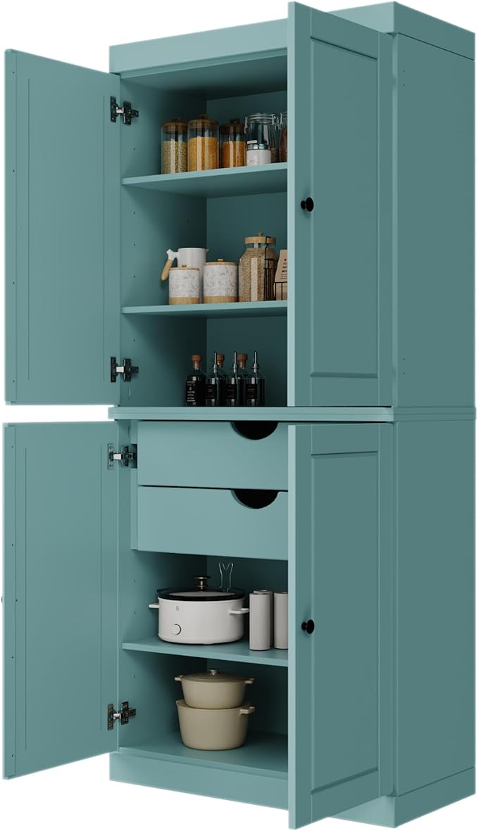 Palace Imports Solid Wood Kitchen Pantry Cabinet - 71.5" H x 32" W, Tall Storage Cupboard - Aqua, Adjustable Shelves & 2-Drawer Kit for Living Space, 100% Renewable Eco-Friendly Wood, Made in Brazil
