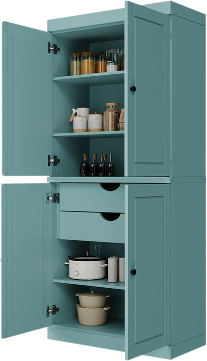 Palace Imports Solid Wood Kitchen Pantry Cabinet - 71.5" H x 32" W, Tall Storage Cupboard - Aqua, Adjustable Shelves & 2-Drawer Kit for Living Space, 100% Renewable Eco-Friendly Wood, Made in Brazil