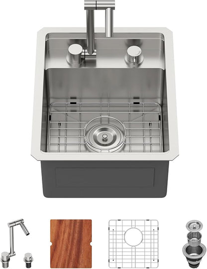 13 Inch Outdoor Kitchen Sink With Faucet and Cover - Beslend 13x15x9 Undermount Kitchen Bar Sink Workstation 16 Gauge Stainless Steel Single Bowl Small Sinks Under Counter Indoor Outdoor